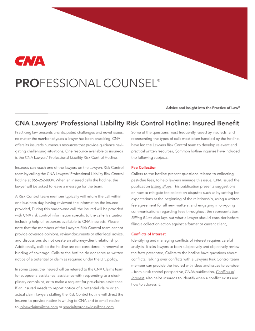 CNA Lawyers&rsquo; Professional Liability Risk Control Hotline: Insured Benefit